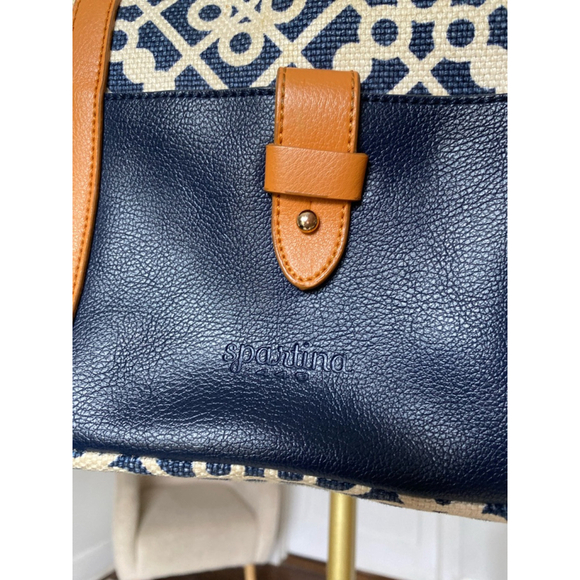 Spartina 449 Linen Leather Bag Daufuskie Island Geo Canvas Coastal Resort Prep - Picture 7 of 10